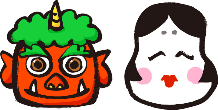 筆で描いた赤鬼とおかめの顔