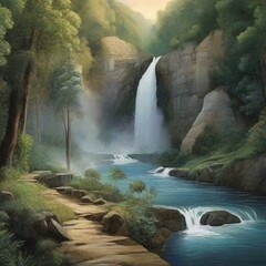waterfall in the forest and mountains 