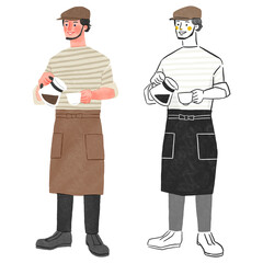 カフェで働くエプロンをする男性全身手描きイラスト