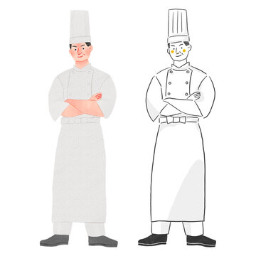 飲食店で働くエプロンをする料理人の男性全身手描きイラスト