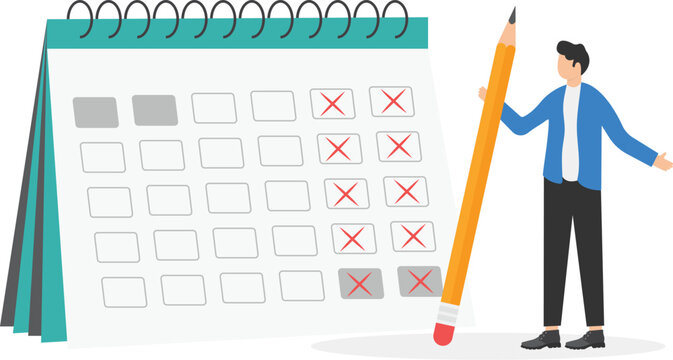 Businessmen put holidays on the calendar to make the company a 4 day work week. Reduce working day to increase efficiency and productivity, flexible work day for employee benefit. Flat vector illustra