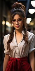 Obraz premium Smart beautiful asian employee woman in a shirt wearing a glasses. Female woman over the office blurred background