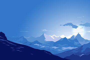 Beautiful mountain landscape, white nights or midnight sun. Amazing landscape of the polar night with silhouettes of mountains and stunning sun. Vector illustration for poster, banner, card, design. - obrazy, fototapety, plakaty