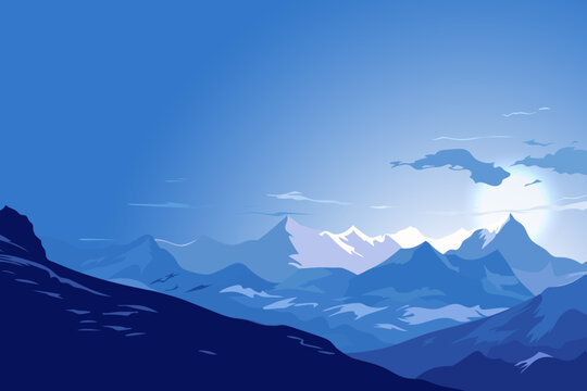 Beautiful mountain landscape, white nights or midnight sun. Amazing landscape of the polar night with silhouettes of mountains and stunning sun. Vector illustration for poster, banner, card, design.