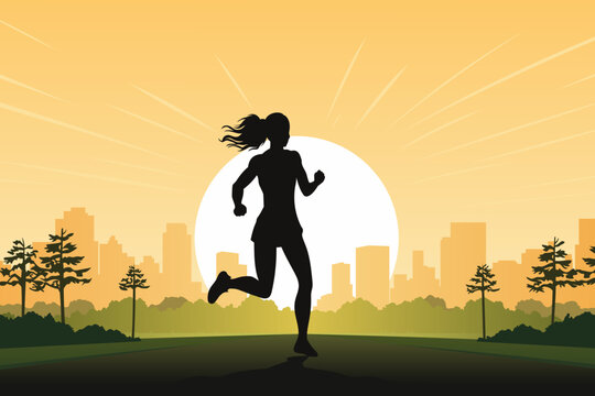 Girl runs through a city park against the backdrop of trees, houses, skyscrapers and sunset. Silhouette of a running girl against the backdrop of a city landscape. Active lifestyle concept.