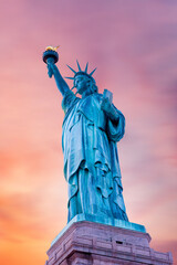 Front of Statue of Liberty at sunset, NYC,