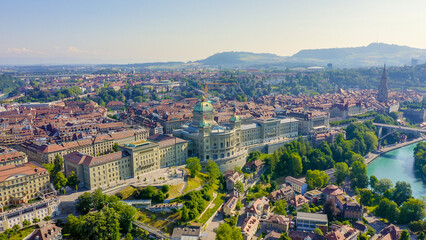 Bern, Switzerland. Federal Palace - Bundeshaus, Historic city center, general view, Aare river, Aerial View