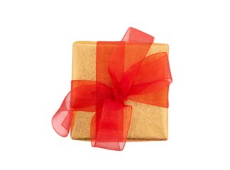 Gift golden shiny box with red bow on isolated background. Christmas, New Year, Mothers and Women's Day, Valentine, birthday, holiday. View from above. Copy space