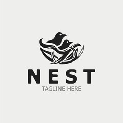 Bird nest logo natural root and leaf habitat bird house isolated template vector