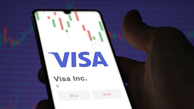 November 27st 2023 San Francisco, California. The logo of Visa Inc. on the screen of an exchange. Visa Inc  price stocks, $V on a device.