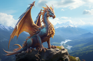Fantasy Scene with Dragon on Mountain Summit