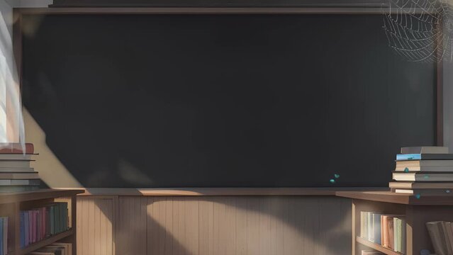 Empty blackboard or chalkboard and books, classroom background, virtual class, world Book Day, back to school. Seamless looping 4K animation.