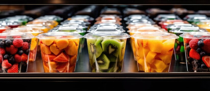 Pre-packaged fruit salads presented in a fridge for sale in plastic boxes.