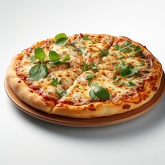 Italian Pizza Melted Mozzarella Cheese Green, White Background, For Design And Printing