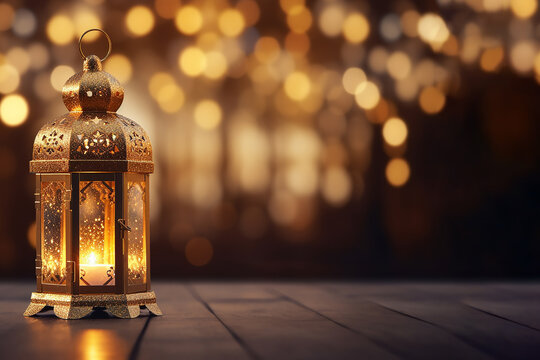 Generative AI Image of Ornamental Islamic Lantern with Blank Space on Golden Bokeh Lights Background