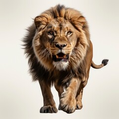 Fototapeta premium Male Adult Lion Panthera Leo Leaping, White Background, For Design And Printing