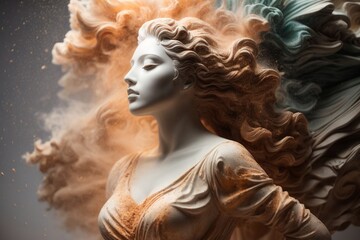 A Statue of a Girl with Floating Hair Enveloped in Orange Smoke