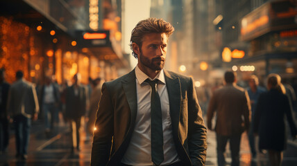 Blurred businessman walking in the city telephoto lens morning light , generative ai. - obrazy, fototapety, plakaty