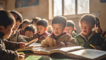 5-year-olds reading in Asian kindergarten, generative ai