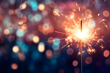 Burning sparkler in front of colorful background with bokeh lights and copy space