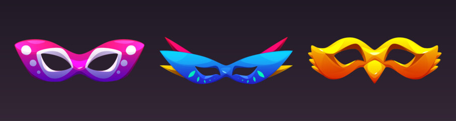 Fototapeta premium Set of colorful carnival masks isolated on black background. Vector cartoon illustration of masquerade costume elements decorated with color pattern, Venice festival show, traditional art