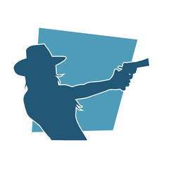 Silhouette of a female in cow girl costume holding a pistol gun.