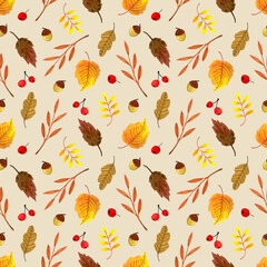 seamless pattern of autumn leaves and berries on a colored background