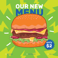 Hand drawn fast food burger social media template