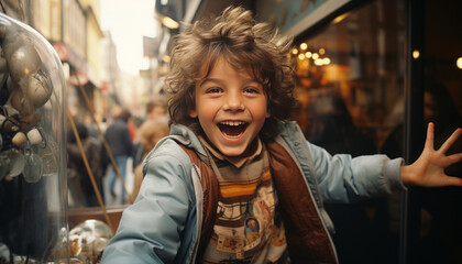 Obraz premium Vintage polaroid picture, 1996s 10 years old child looking excited trough window from a toy store in London, generative ai.