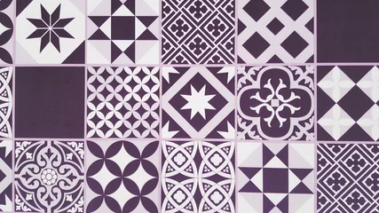 Gordijnen Portuguese tiles pattern Lisbon seamless pink style black and white tile design in Azulejos vintage geometric ceramics © OceanProd