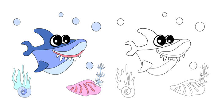 Coloring book Cute shark with shells, bubbles and algae in the ocean. For posters, prints on clothes. Vector