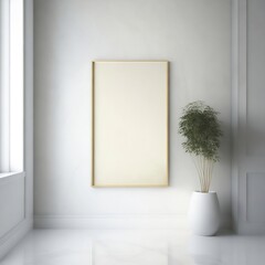 An empty frame mockup in a sleek silver metal finish, hanging vertically on a warm-toned yellow wall in a room with warm-toned walls and a polished marble floor in a cream color.

 - obrazy, fototapety, plakaty