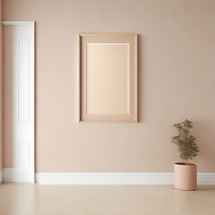 An empty frame mockup in a matte gold finish, placed diagonally on a warm-toned peach wall in a room with warm-toned walls and a carpeted floor in a sandy beige color.

