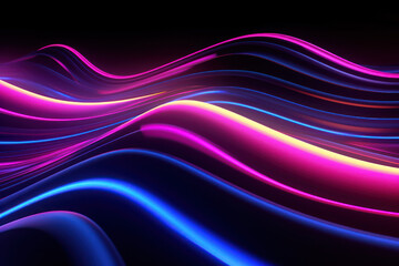 Neon abstract black background with pink blue neon lines go up and disappear