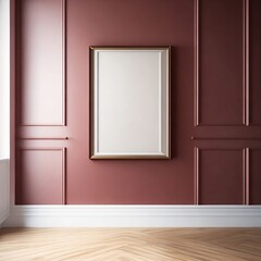 An empty frame mockup in a glossy red finish, hanging vertically on a warm-toned beige wall in a room with warm-toned walls and a hardwood floor with a herringbone pattern.

 - obrazy, fototapety, plakaty