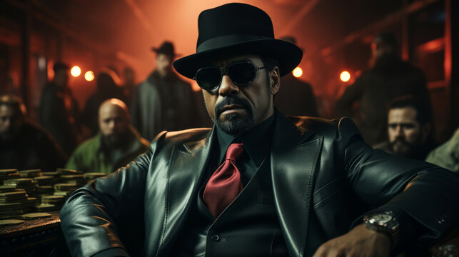 A tough gangster man in an elegant black suit and a white hat sits in a chair with a gun in his hand in a luxury apartment. Retro style. The criminal world of the mafia. Detective movie