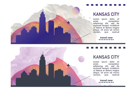 USA Kansas City banner pack with abstract shapes of skyline, cityscape, landmark. Missouri travel vector horizontal layout set for brochure, website, page, presentation, header, footer