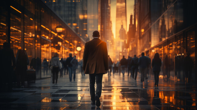 Fototapeta Blurred businessman walking in the city telephoto lens morning light , generative ai.