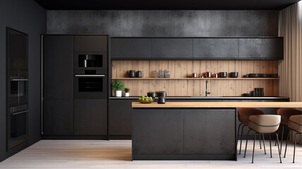 3d rendering modern black kitchen with wood built table