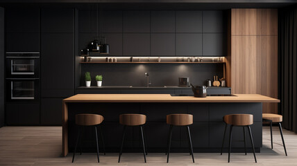 3d rendering modern black kitchen with wood built beige