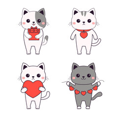 Happy Valentines Day. Cat kitten kitty set. Contour line doodle. Red heart, garland, gift box, locket. Funny head face. Cute cartoon kawaii animal character. Flat design. Love card. White background.
