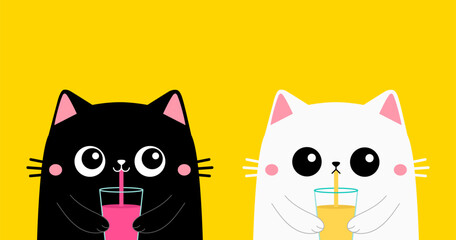 Cute cat set. Kitten drinks juice out of a glass cup. Black white cats head face. Kawaii cartoon funny baby character. Pink ears, cheeks. Happy Valentines day. Flat design. Yellow background