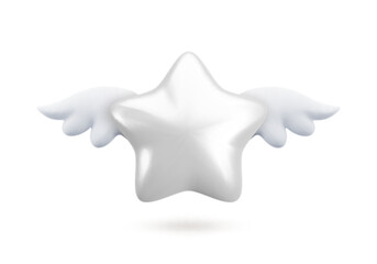 Vector 3d silver star with wings icon. Cute realistic cartoon flying star 3d render on white background, glossy white gold star Illustration for customer rating concept, decor, web, game design, app