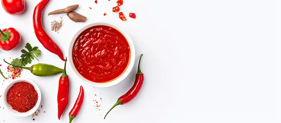 Poster Im Rahmen Top view of red chili peppers and chili sauce. © TheWaterMeloonProjec