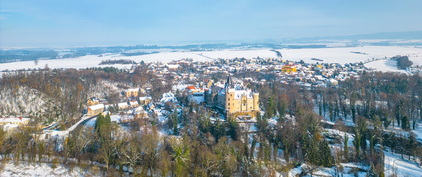 Zleby Castle in sunny winter day. Czechia. Aerial view from drone.