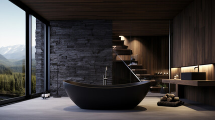 Black and wooden bathroom white tub