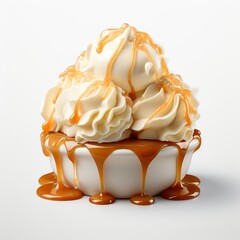 Scoop Vanilla Ice Cream Ball Caramel, White Background, For Design And Printing
