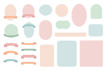 A set of pastel color banners and frames with ribbons, blank shape for title label