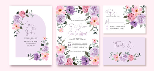 wedding invitation set with purple pink watercolor floral frame - obrazy, fototapety, plakaty