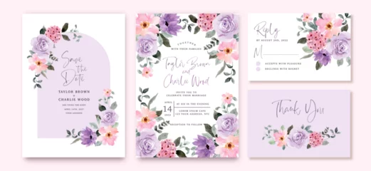 Foto op Canvas wedding invitation set with purple pink watercolor floral frame © wulano